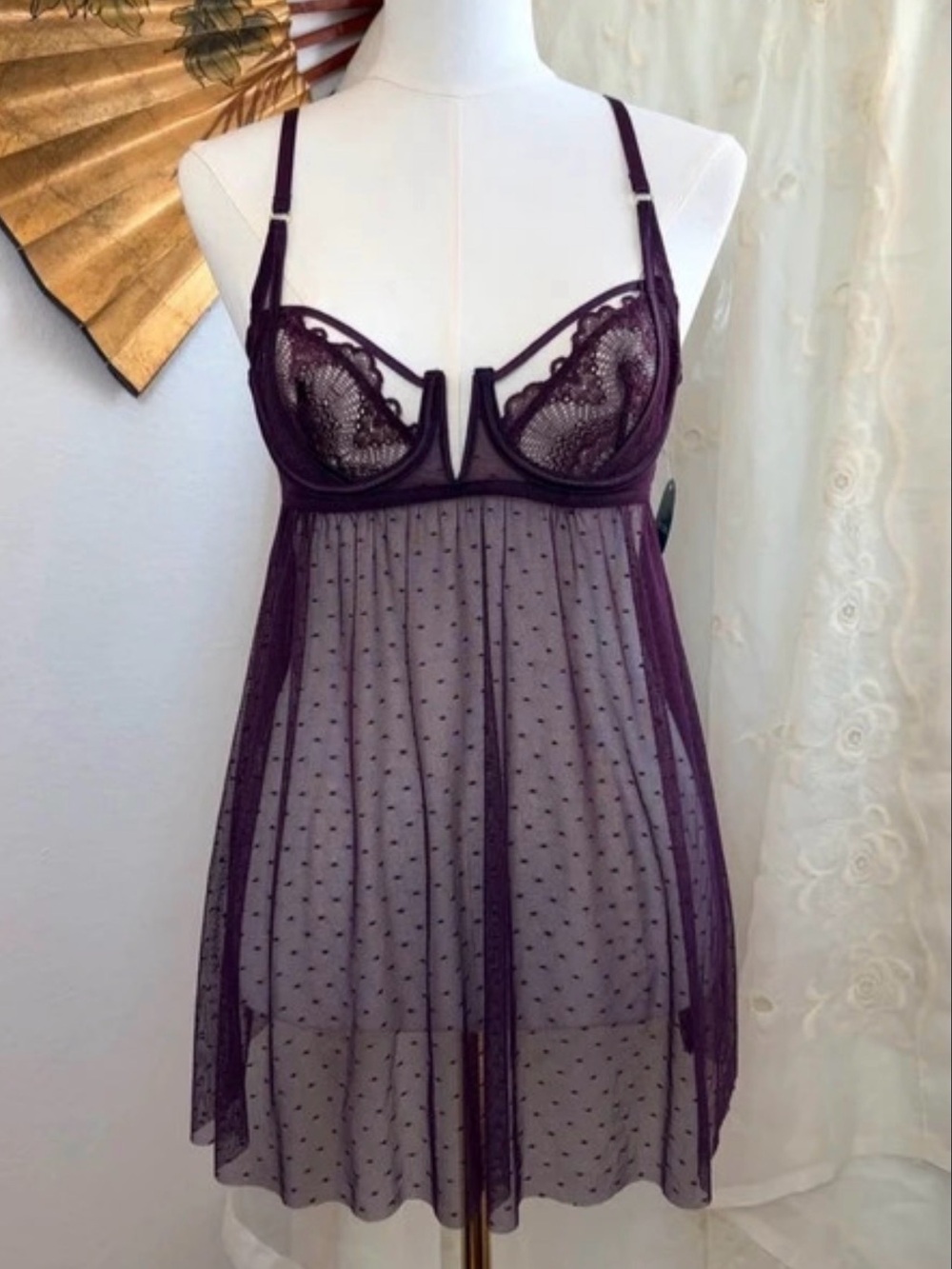 Oh La La Cheri Paris Lingerie Set Purple Mesh Lace Babydoll G-String Thong NWT S